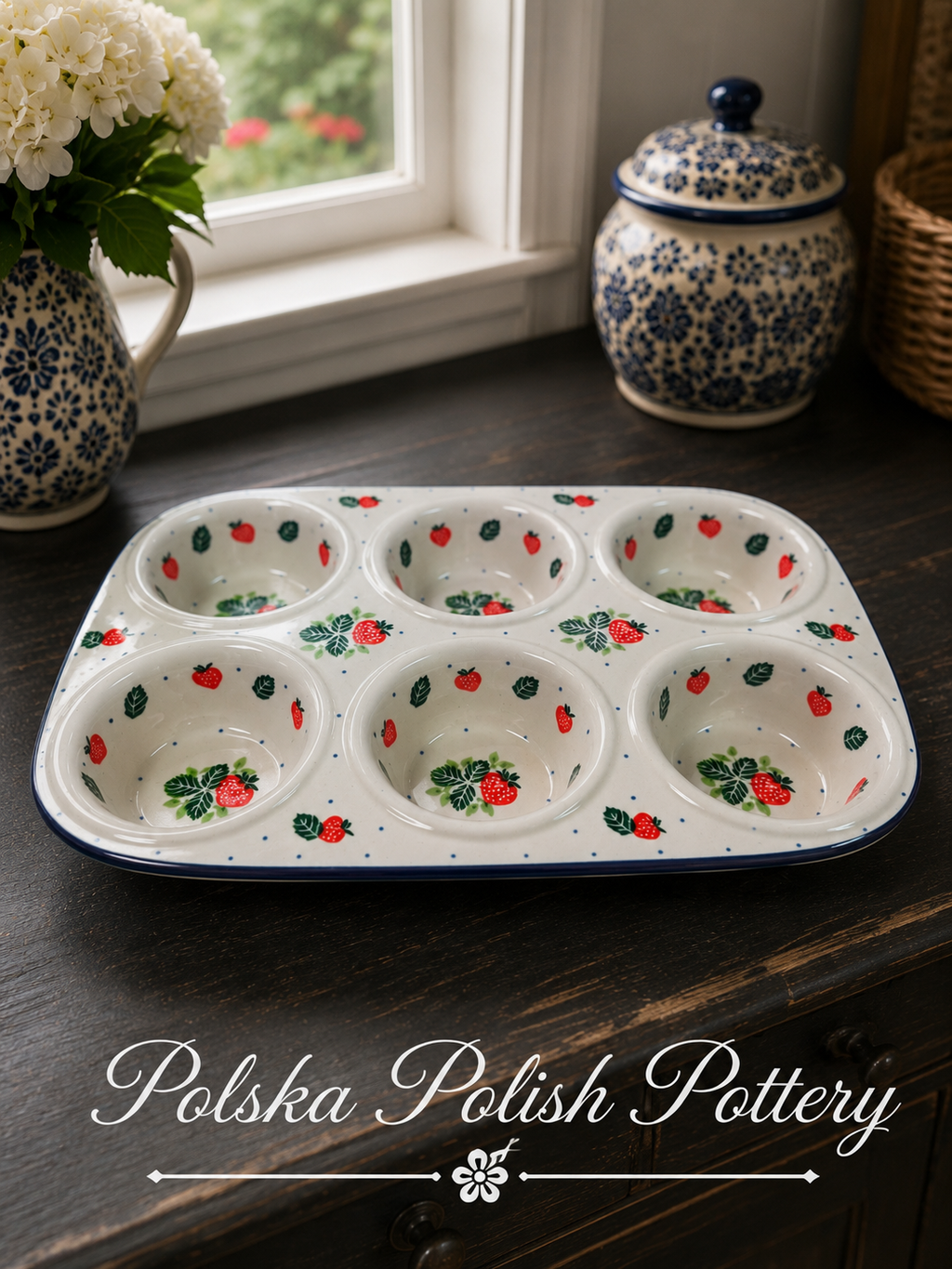 Polish Pottery Muffin Pan - Traditional Strawberry