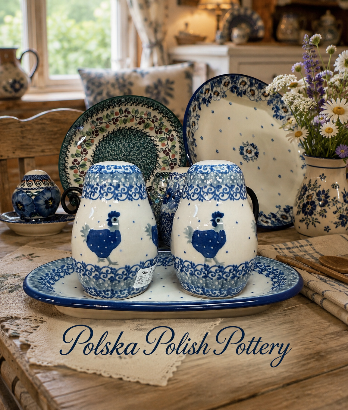 Polish Pottery Salt & Pepper Set - Traditional Chickens