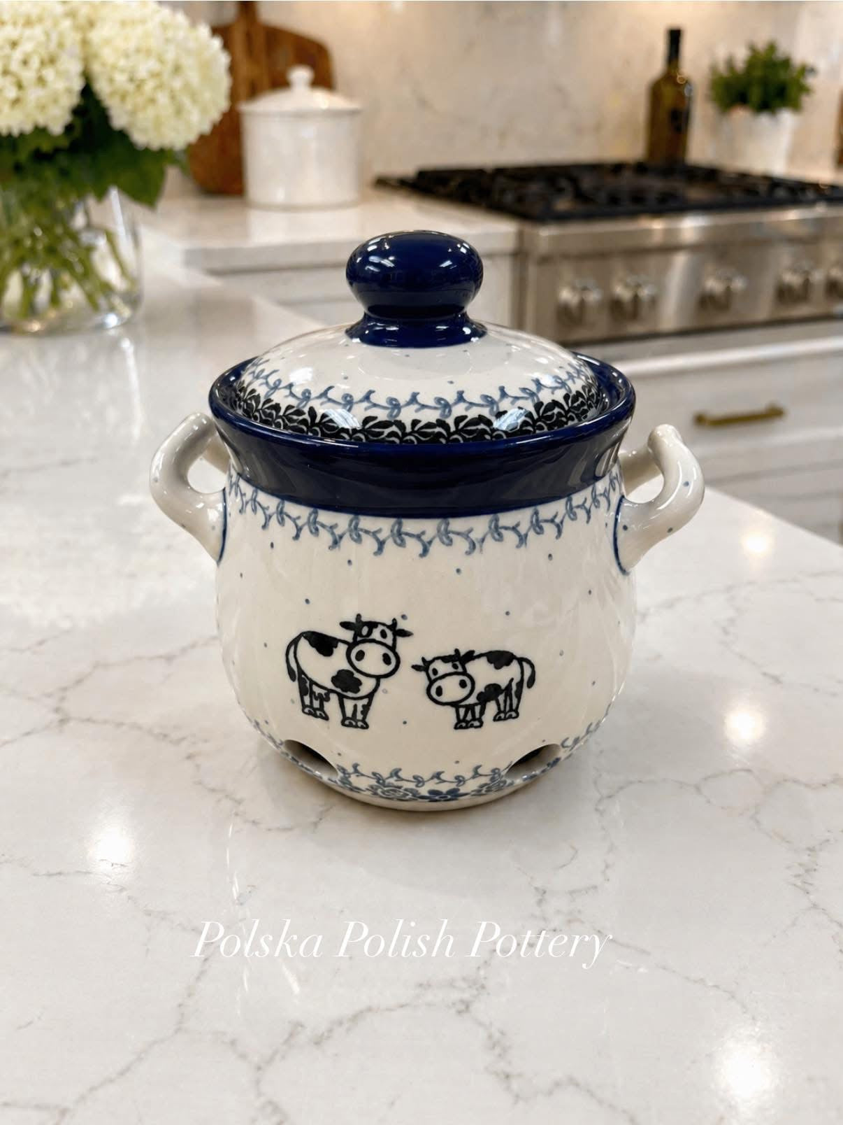Polish Pottery Traditional(Cows) Garlic Pot/Onion Jar