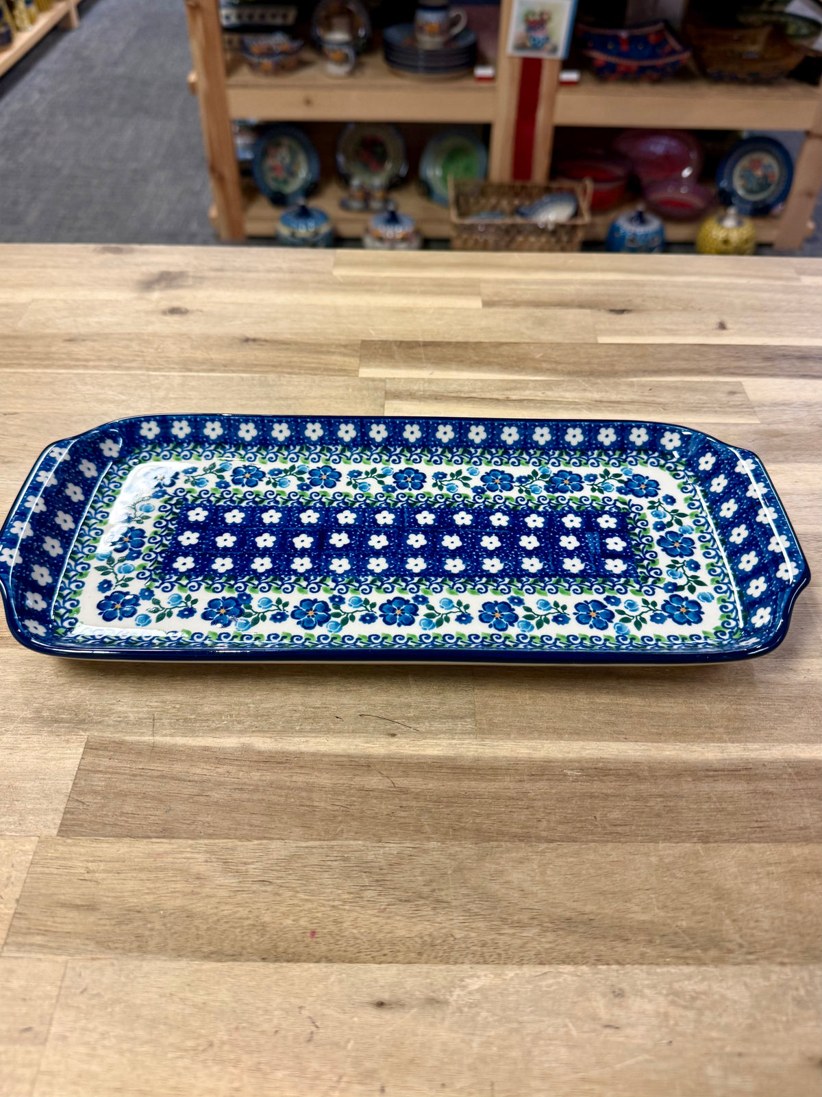 Polish Pottery Bread Tray - Traditional Blue Flower Vine