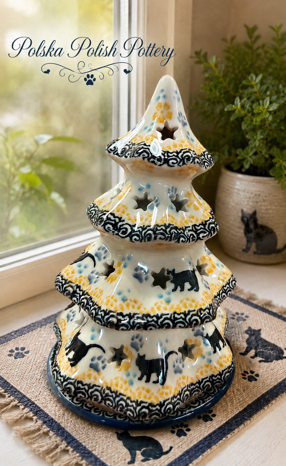 Polish Pottery Small Tree - Traditional Cats