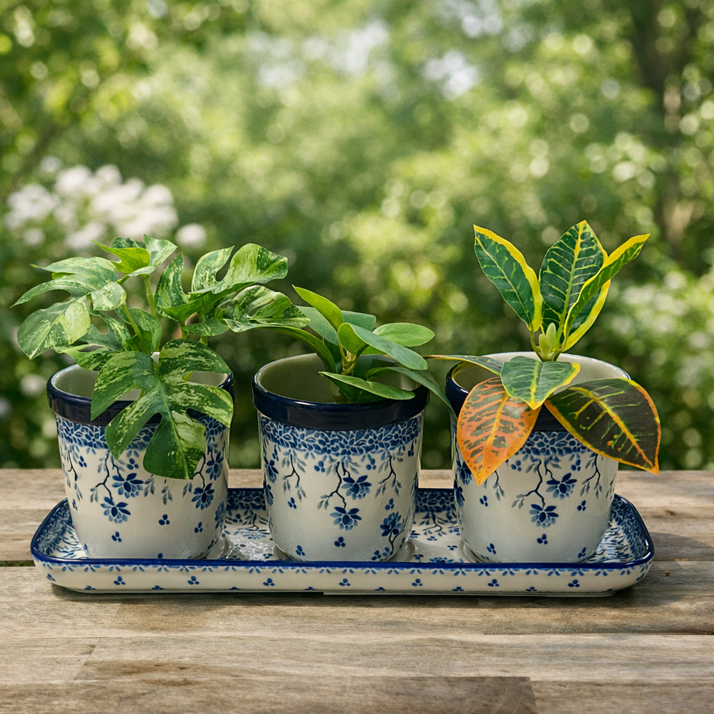 Polish Pottery Blue Sprig Trio Planters/Tray Set