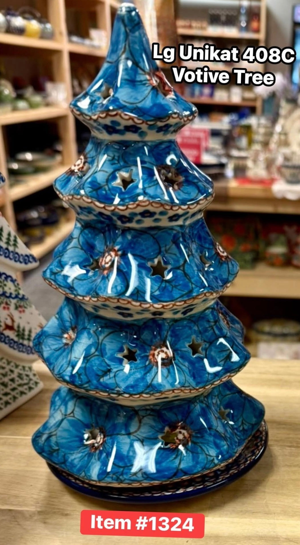 Polish Pottery Unikat 408C( Blue Poppies) Tall Votive Tree