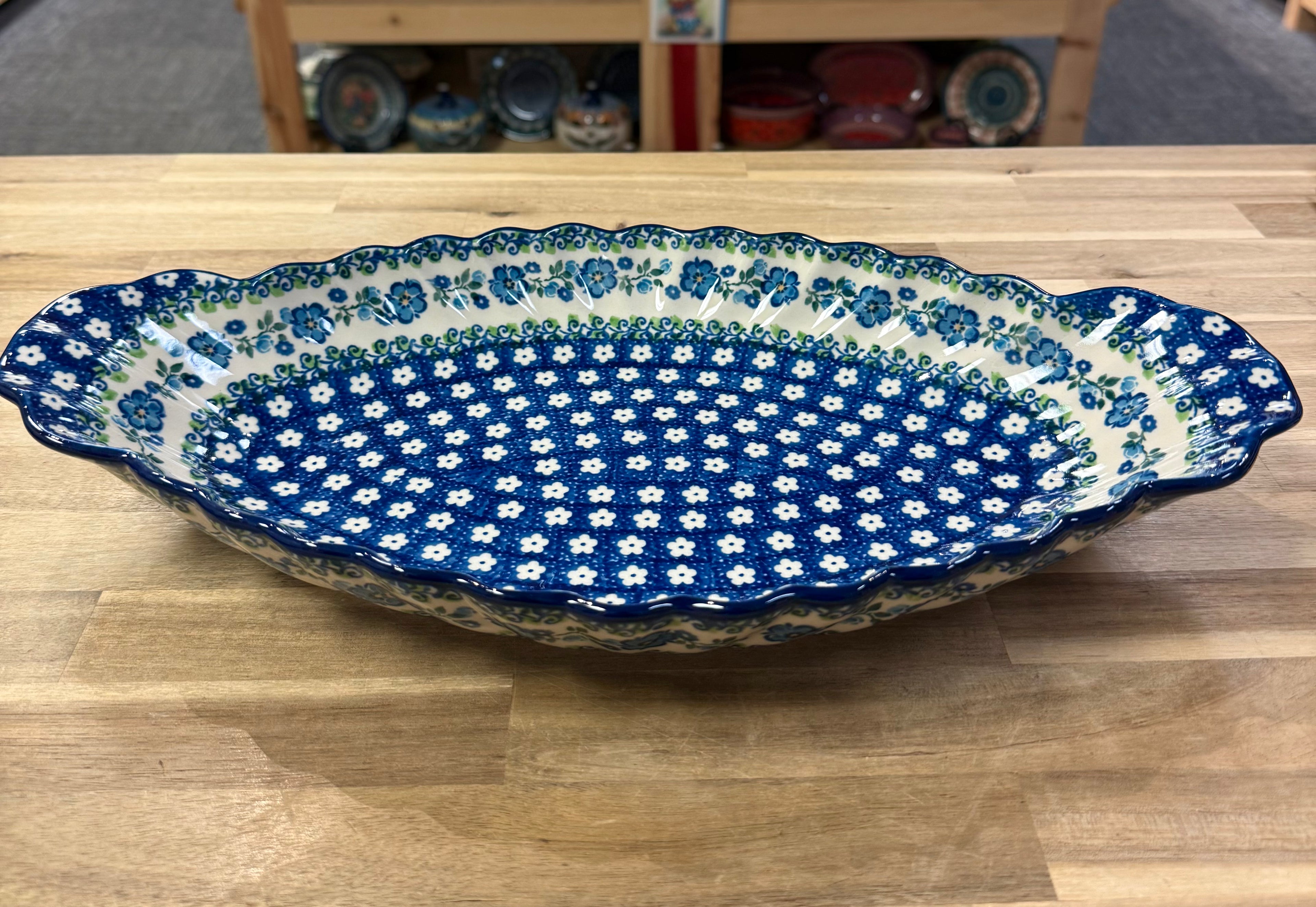 Polish Pottery Sculpted Serving Dish - Traditional Blue Flower Vine