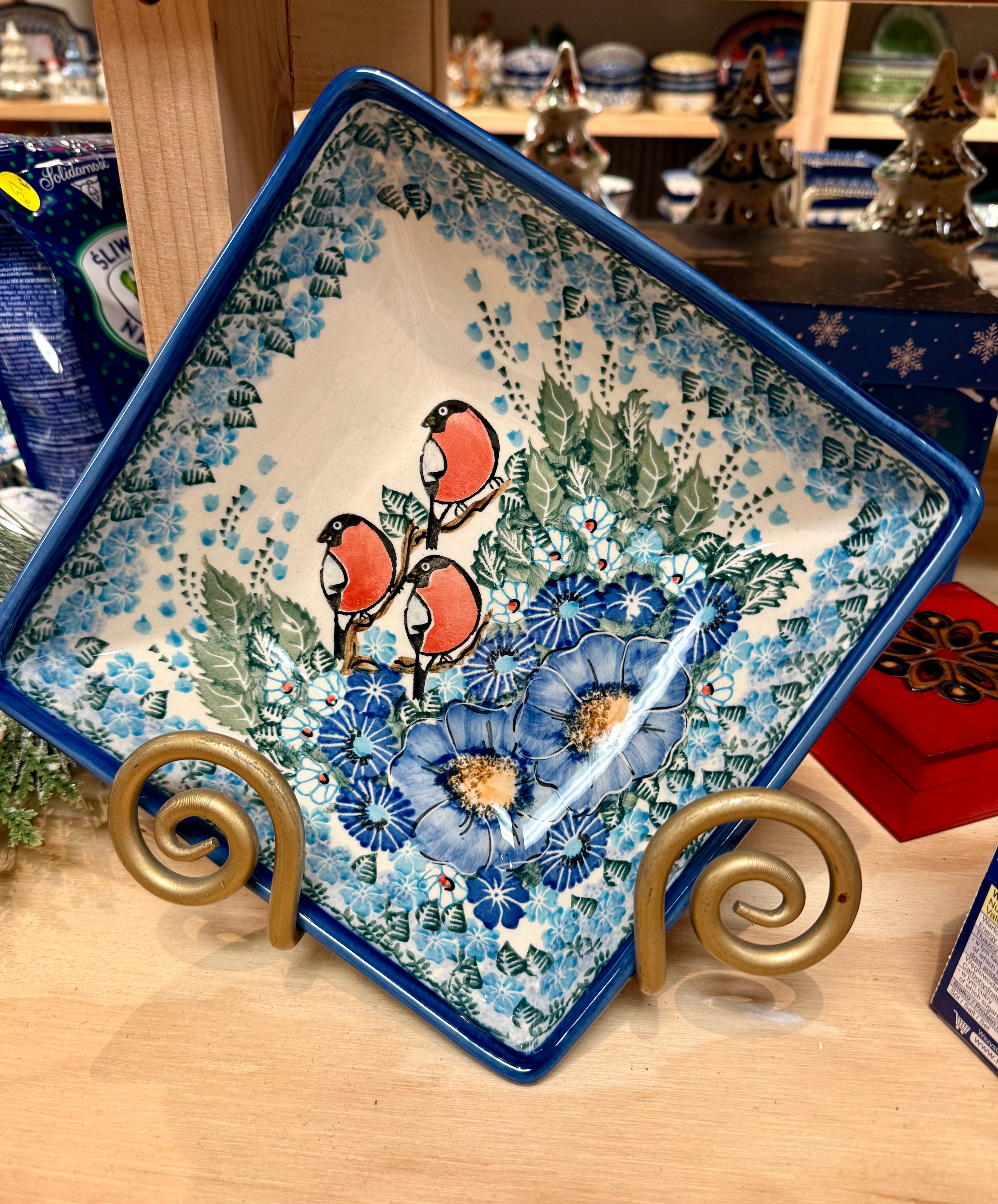 Polish Pottery Unikat Bowl Red Birds Square Bowl