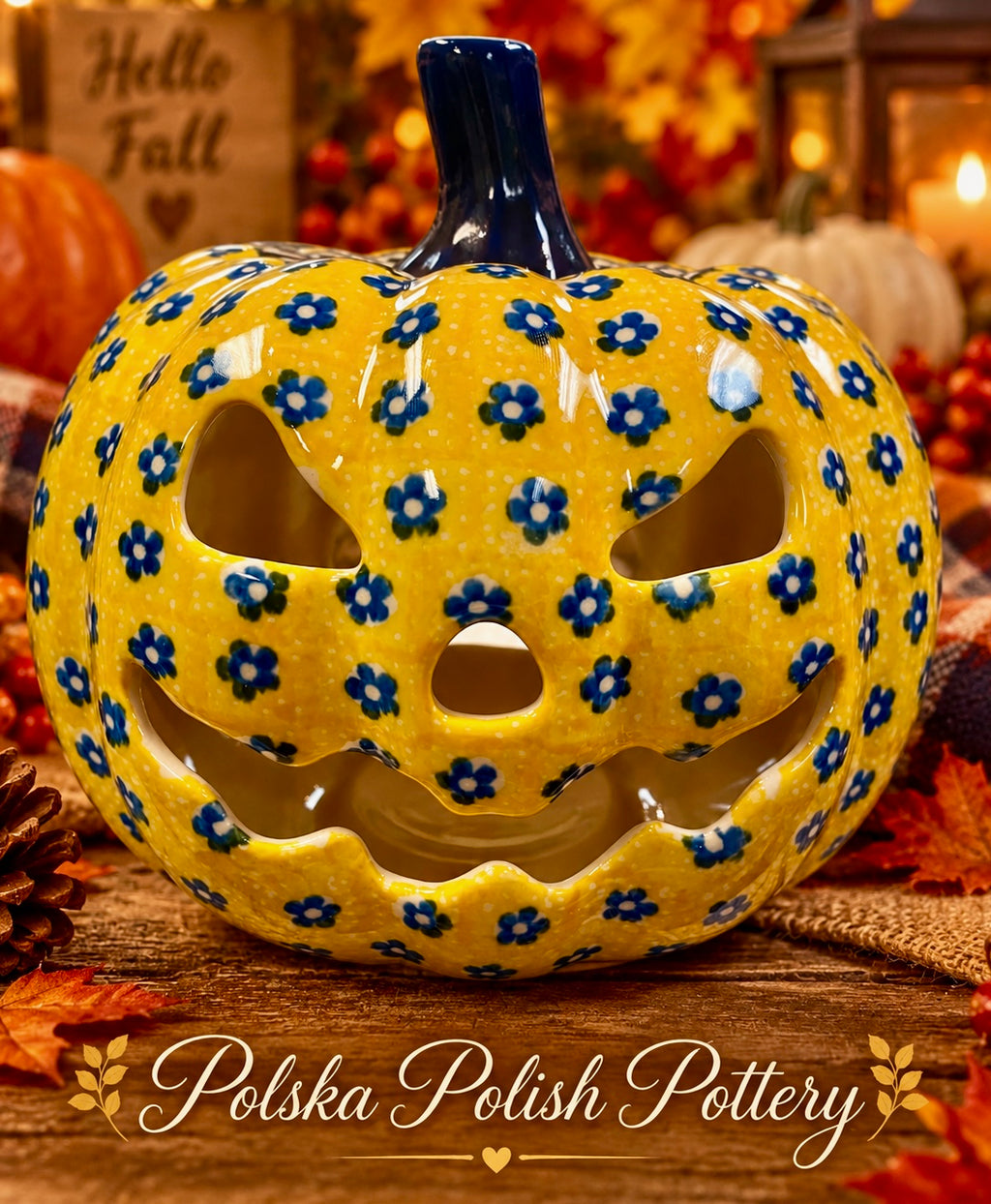 Polish Pottery Pumpkin - Traditional Yellow/Blue