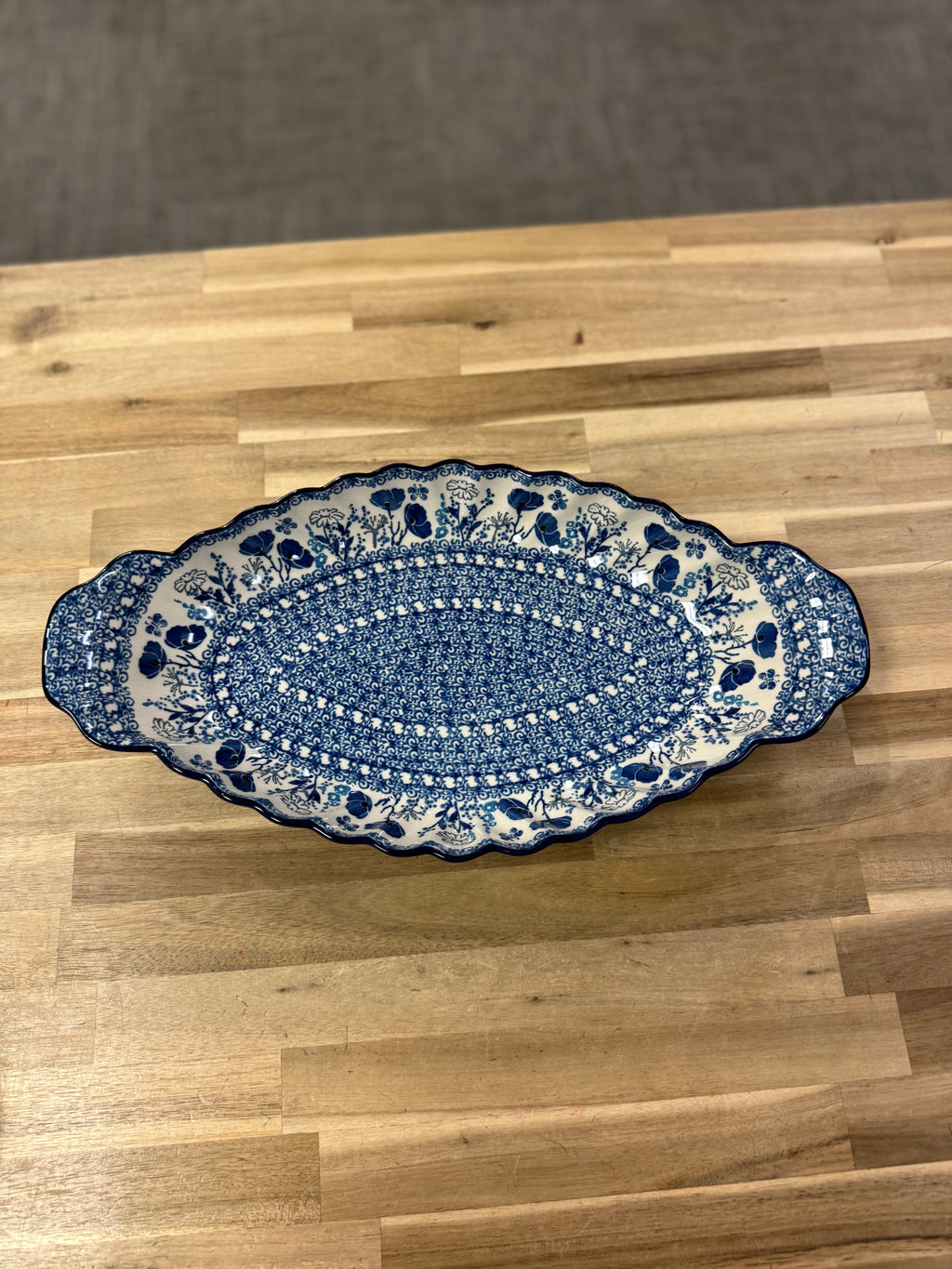 Polish Pottery Sculpted Serving Dish - Traditional Blue Poppy
