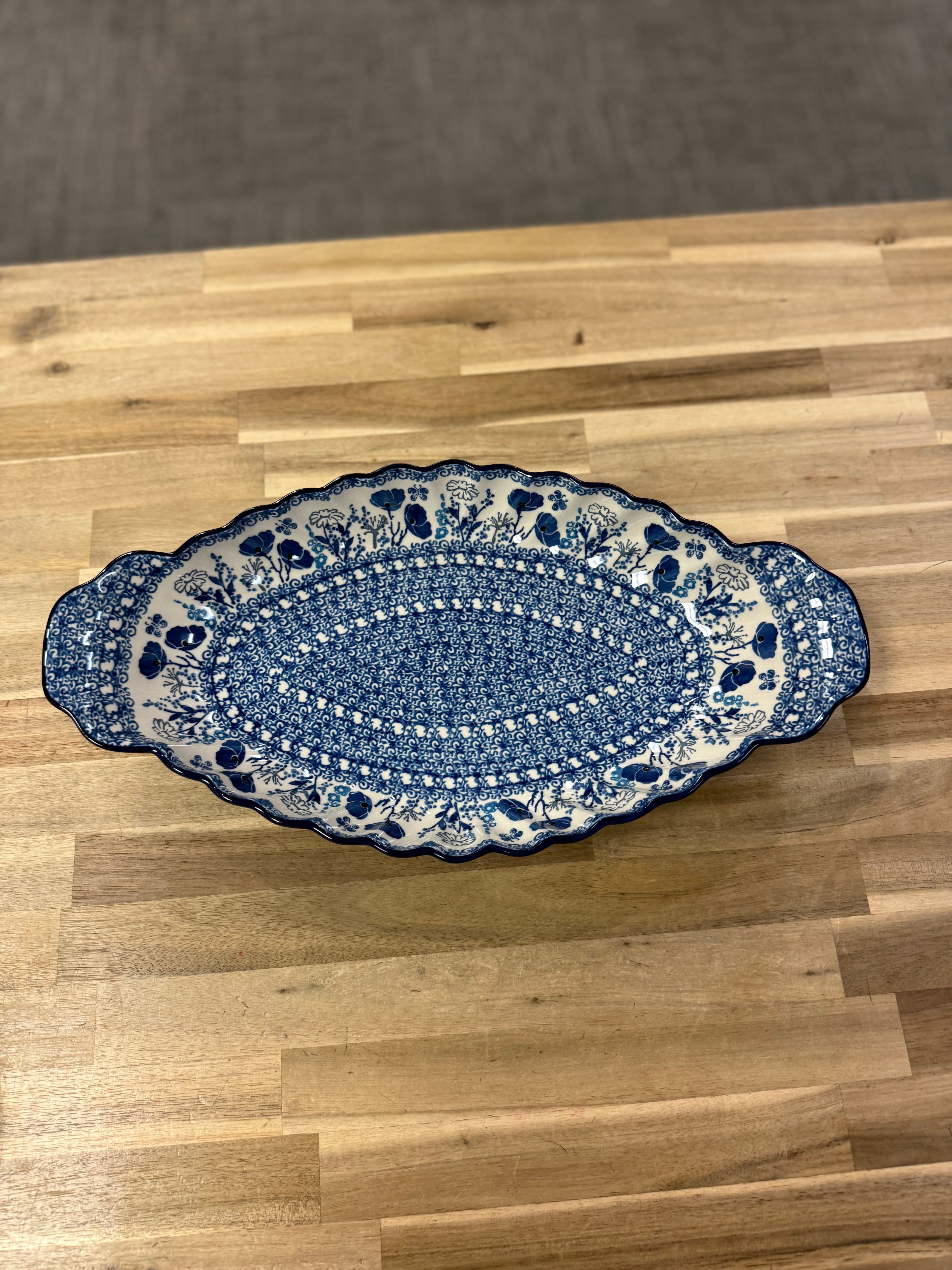 Polish Pottery Sculpted Serving Dish - Traditional Blue Poppy
