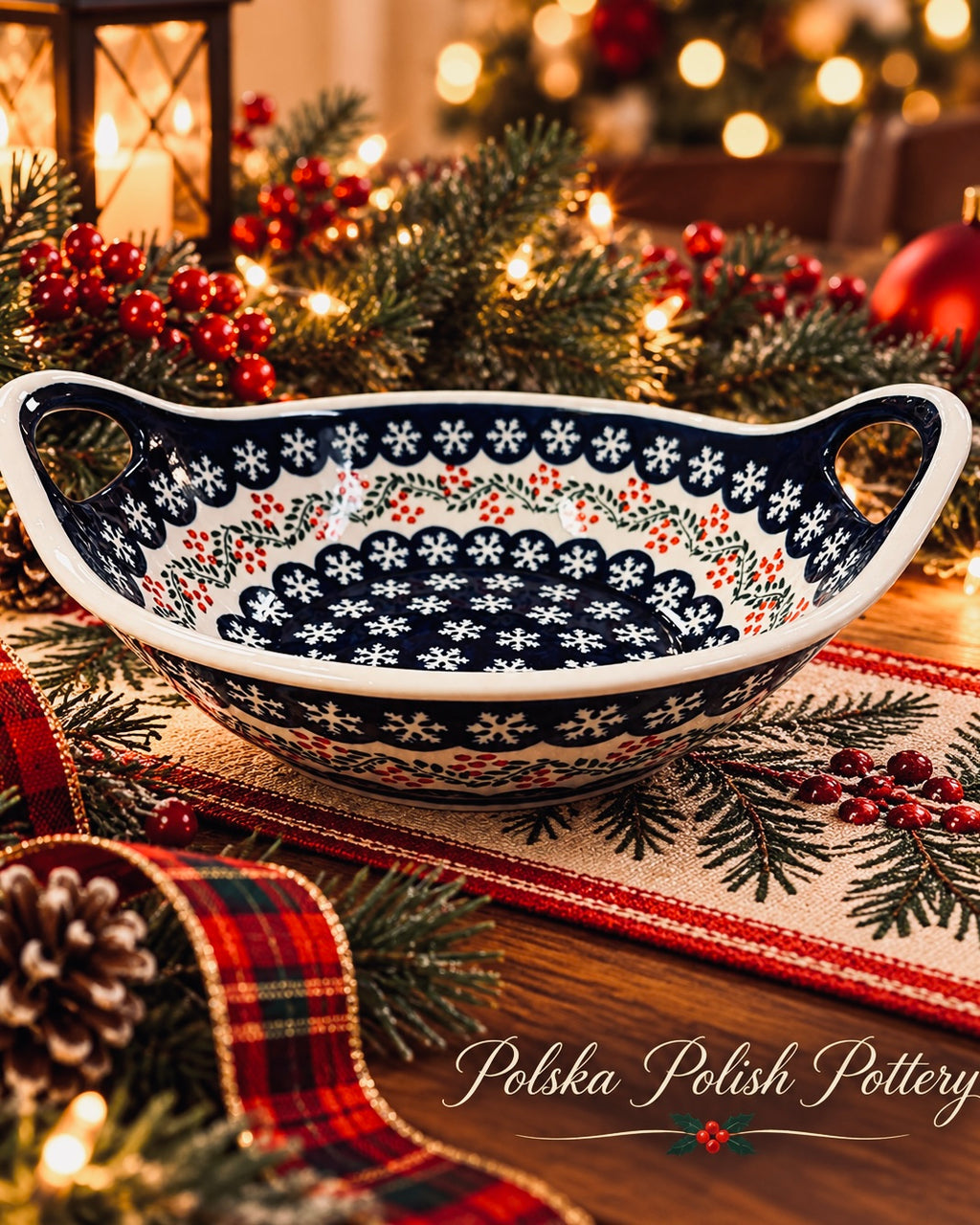 Polish Pottery Handled Bowl- Zaklady Snowflake