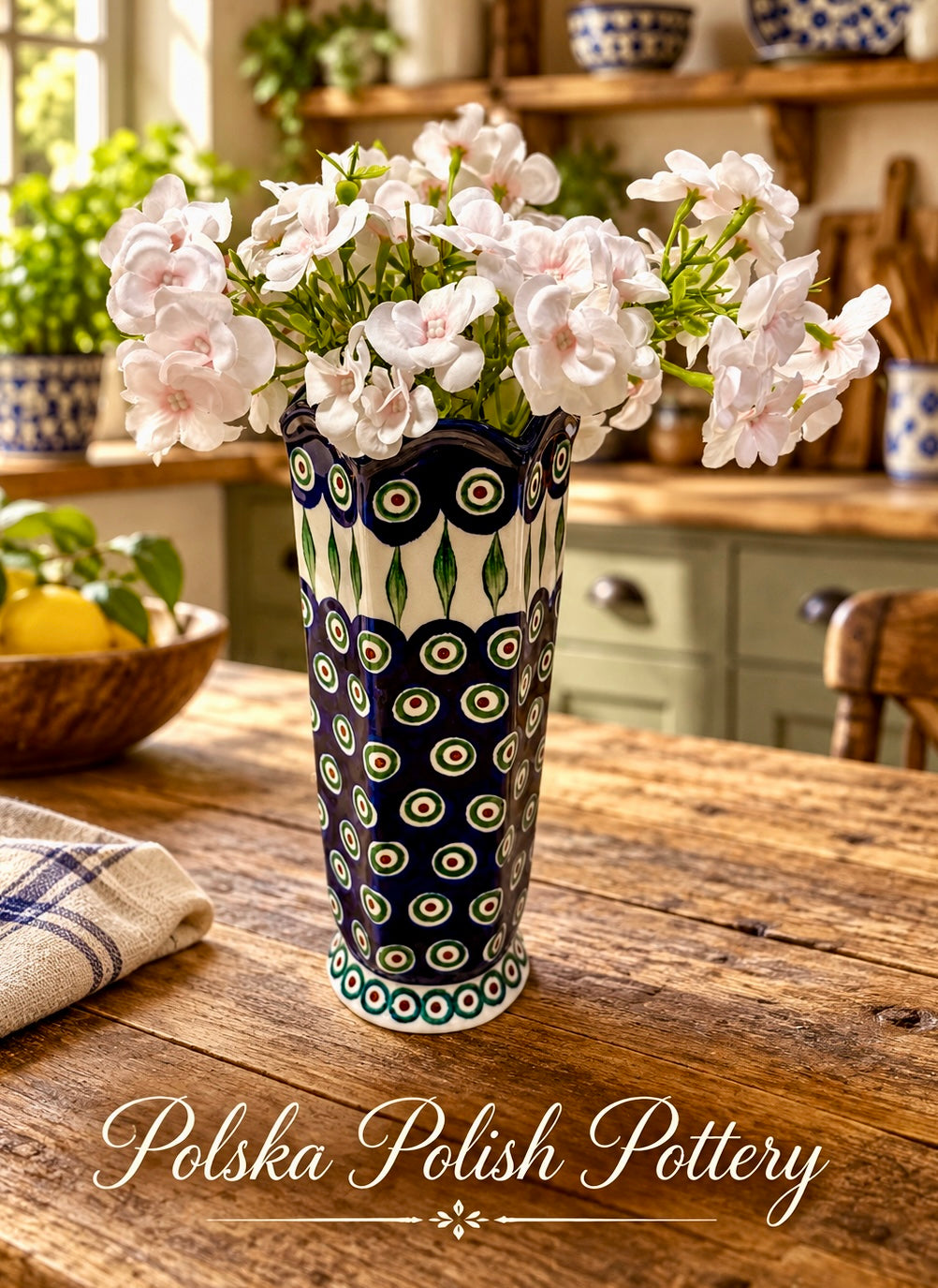 Polish Pottery Medium Vase - Traditional Peacock