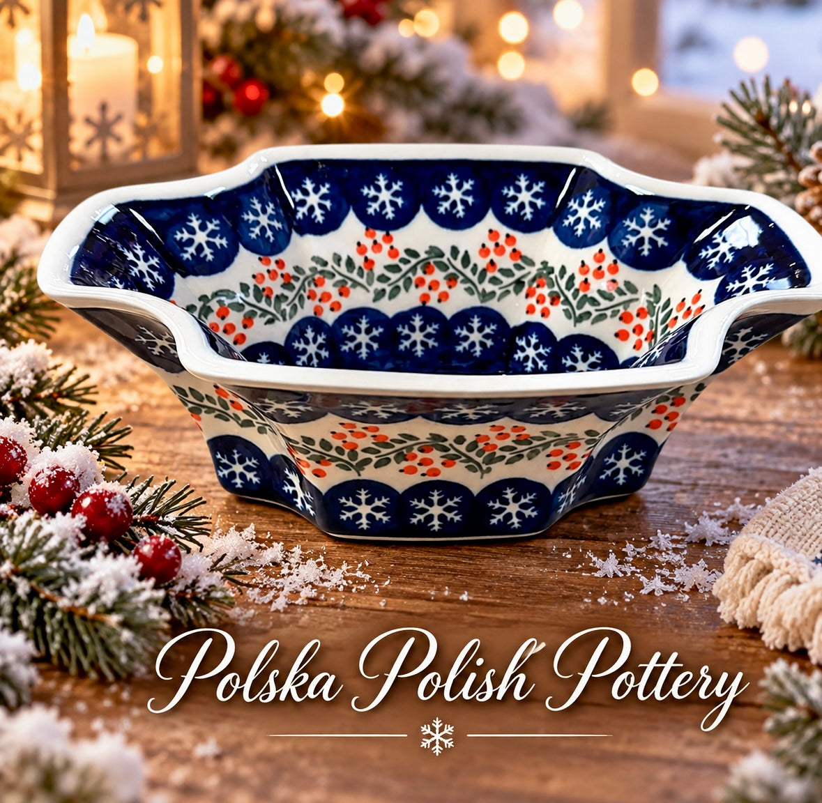 Polish Pottery Traditional Snowflake Pattern Serving Dish