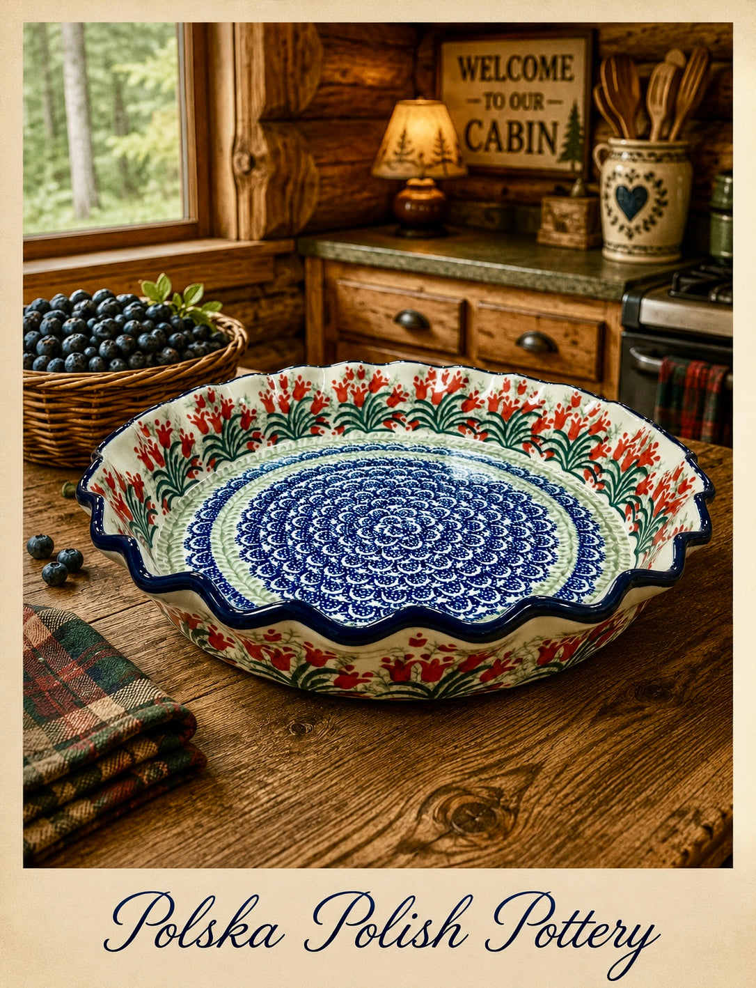 Polish Pottery Pie Plate - Traditional Red Tulips