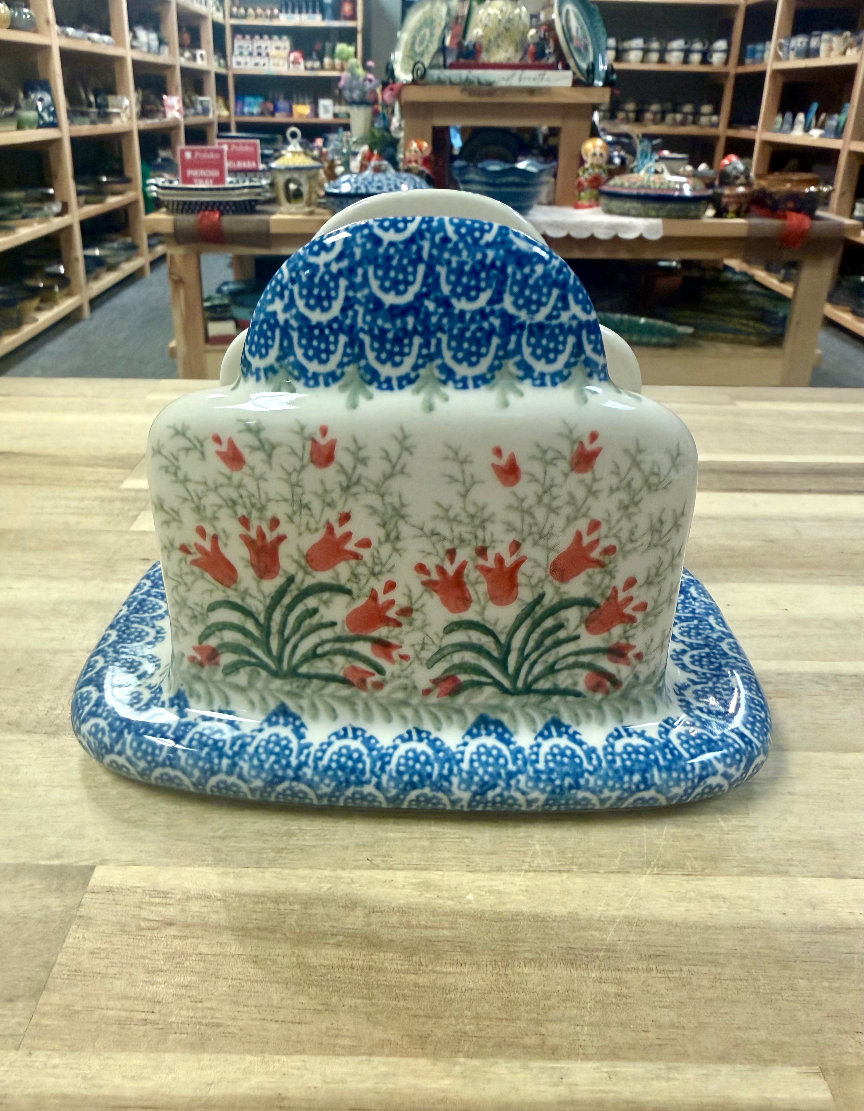 Polish Pottery Napkin Holder - Traditional Red Tulips