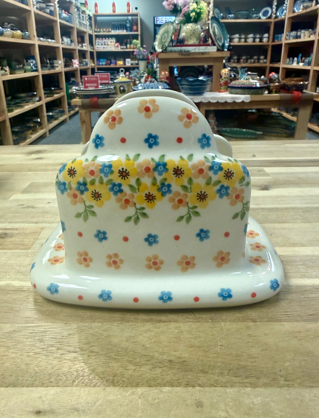 Polish Pottery Napkin Holder - Traditional Yellow Flowers