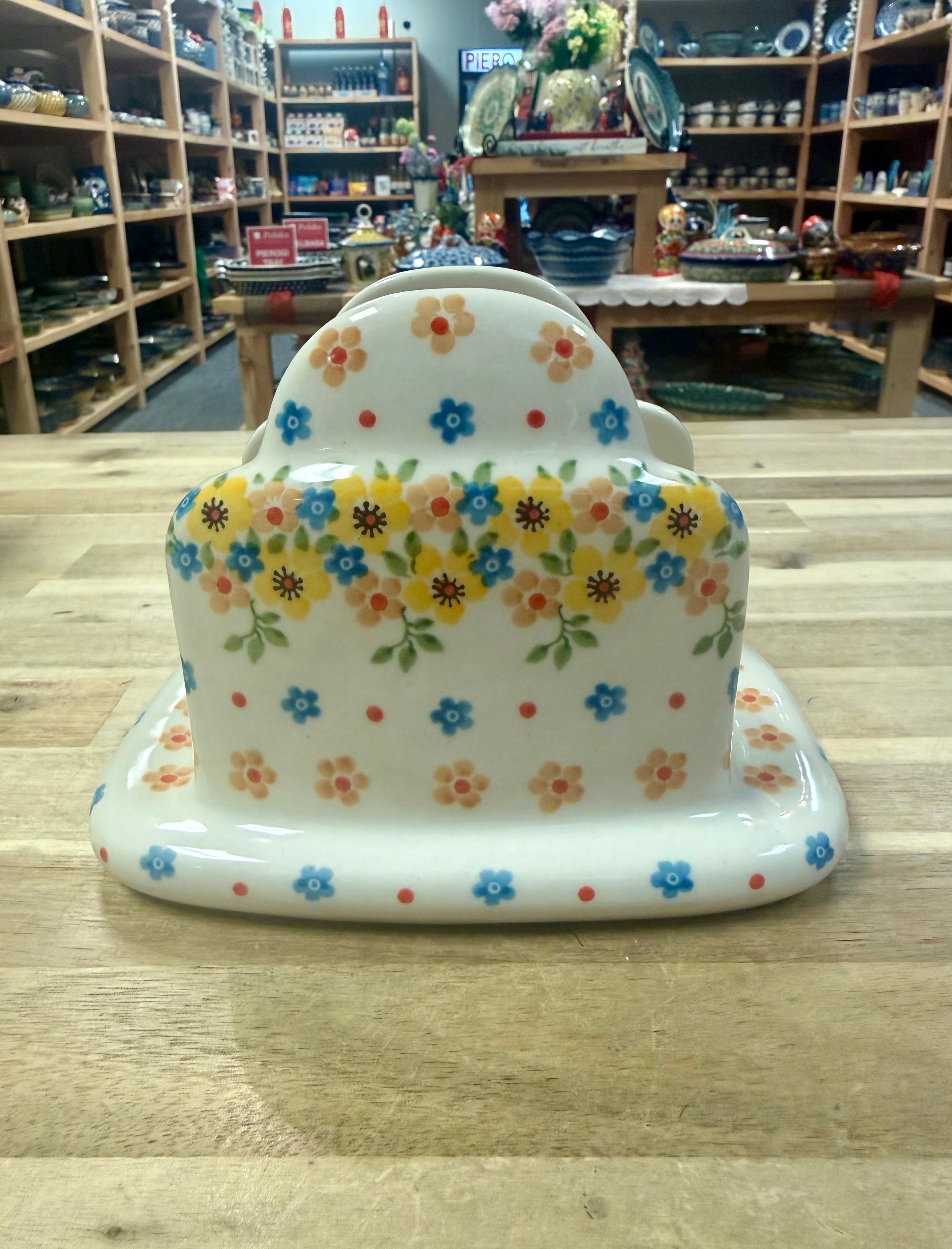 Polish Pottery Napkin Holder - Traditional Yellow Flowers