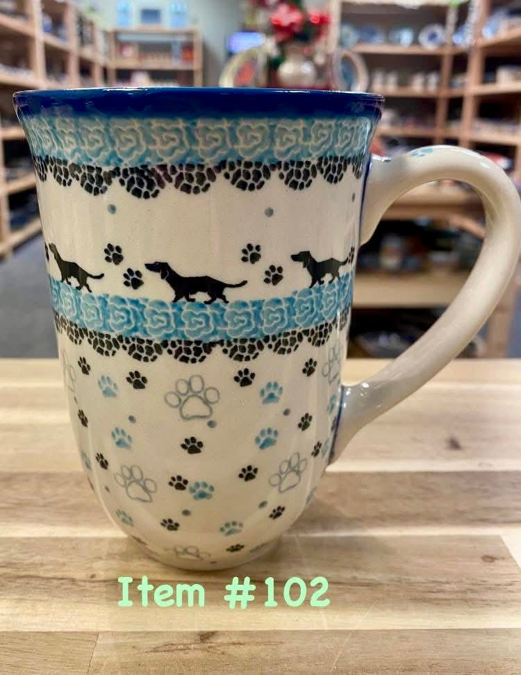 Polish Pottery Traditional Blk Dog Pattern Tall Mug