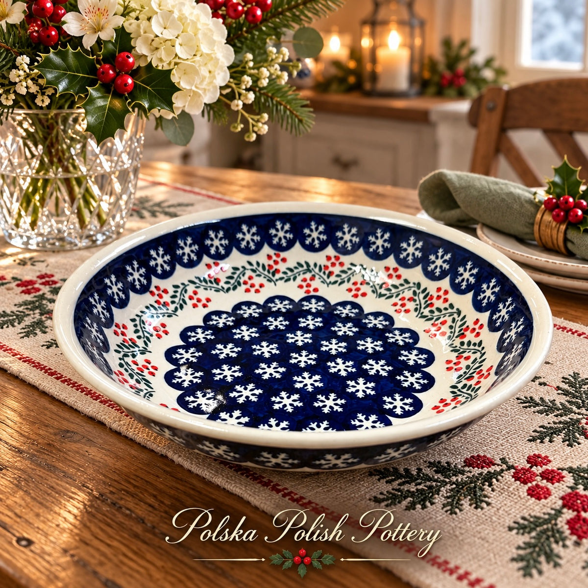 Polish Pottery Wide Low Bowl - Traditional Snowflake