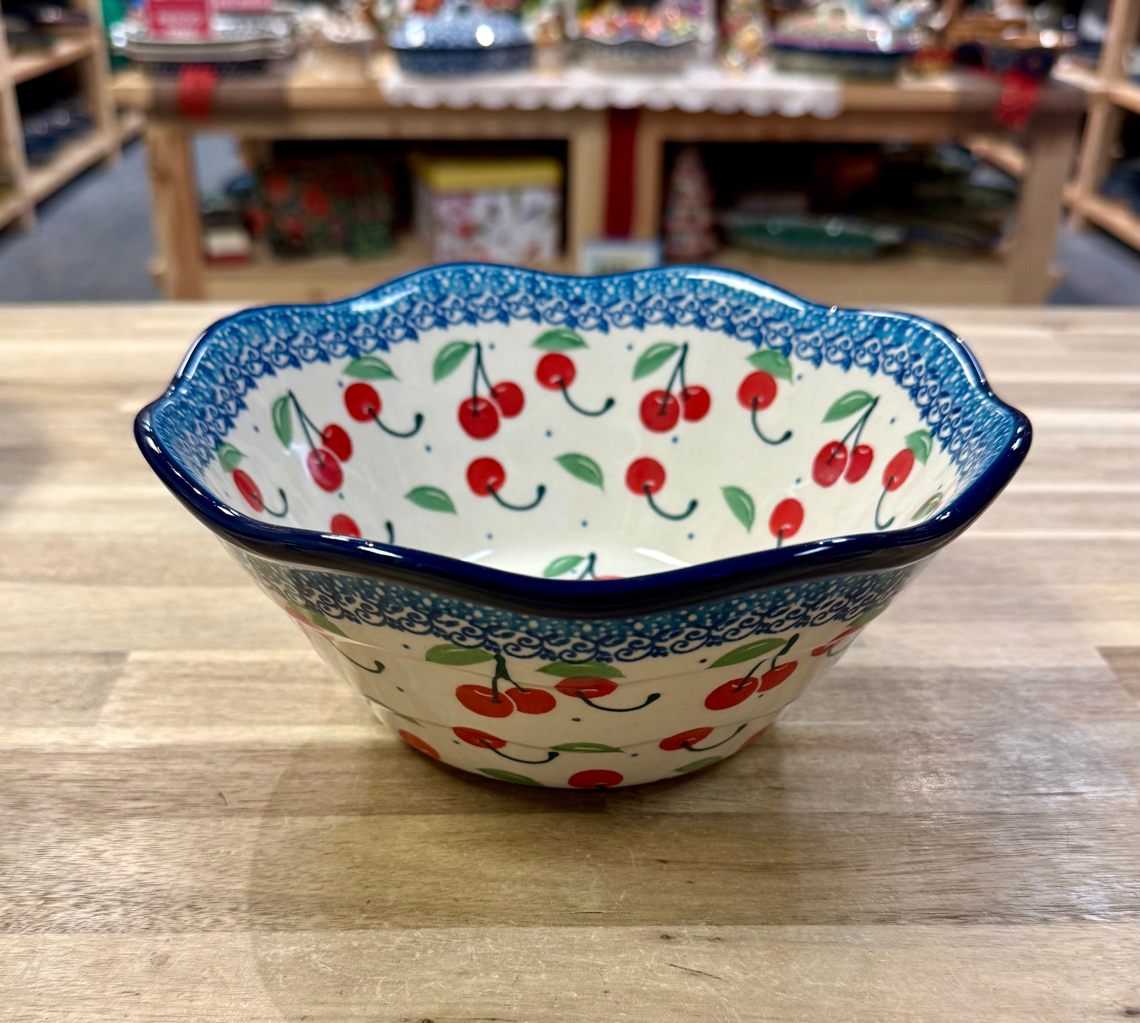 Polish Pottery Traditional(Cherries) Small Scalloped Bowl