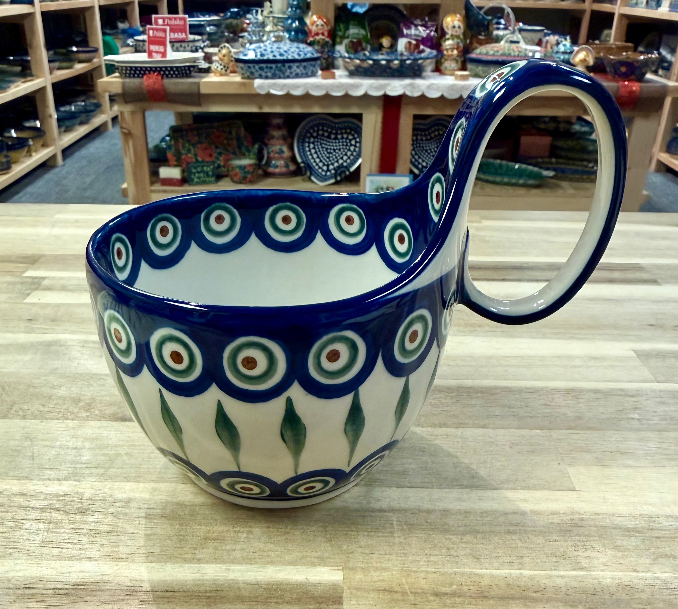 Polish Pottery Traditional Peacock Soup Mug