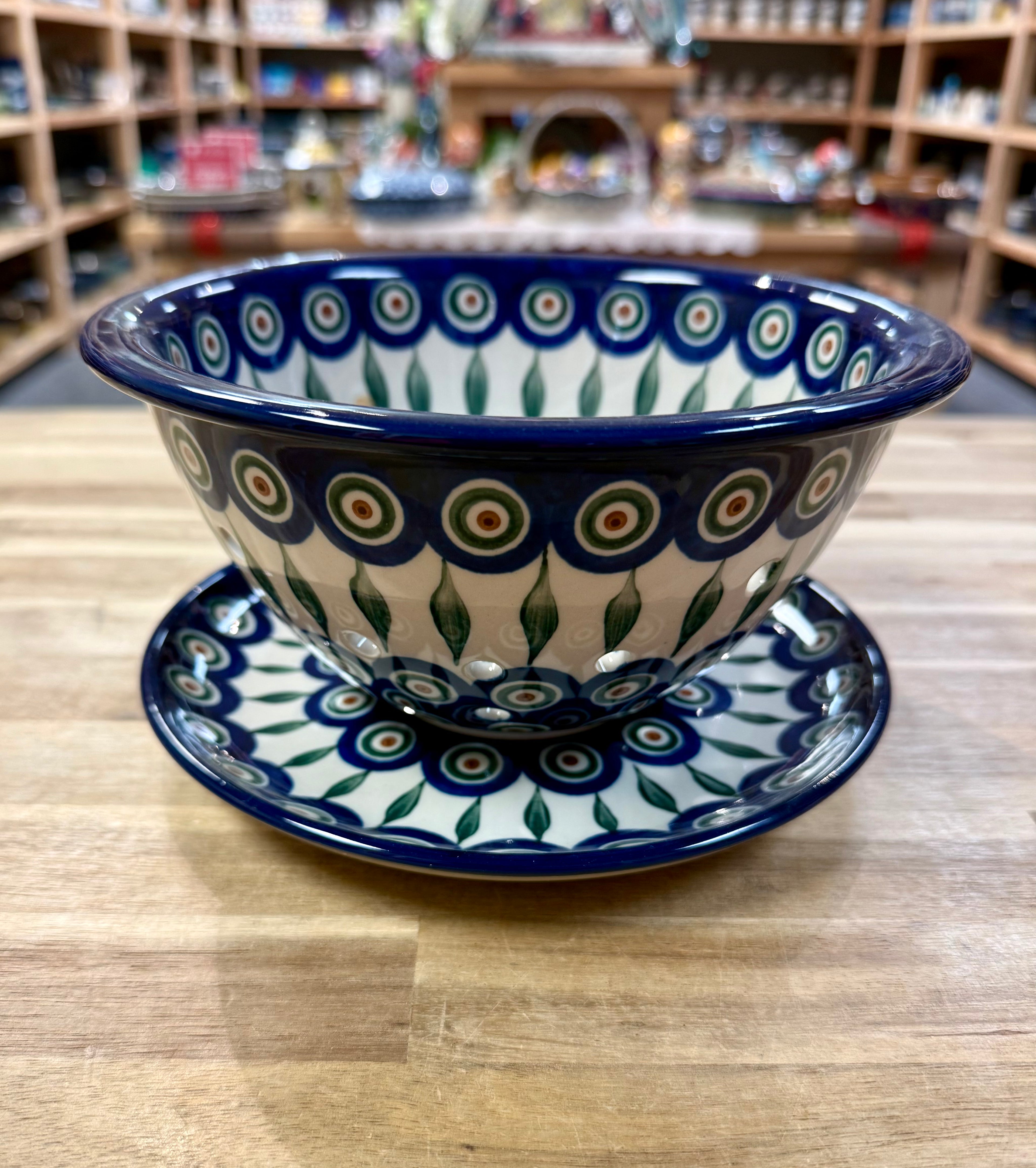 Polish Pottery Traditional(Peacock) Colander/Berry Bowl