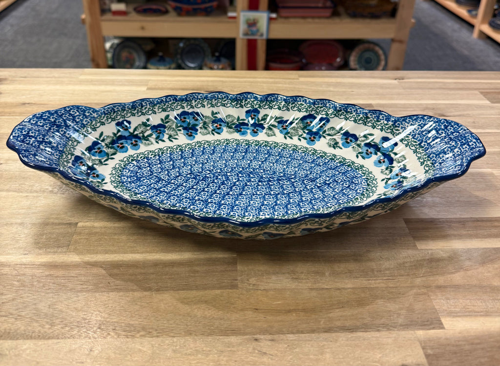 Polish Pottery Sculpted Serving Dish - Traditional Blue Pansy