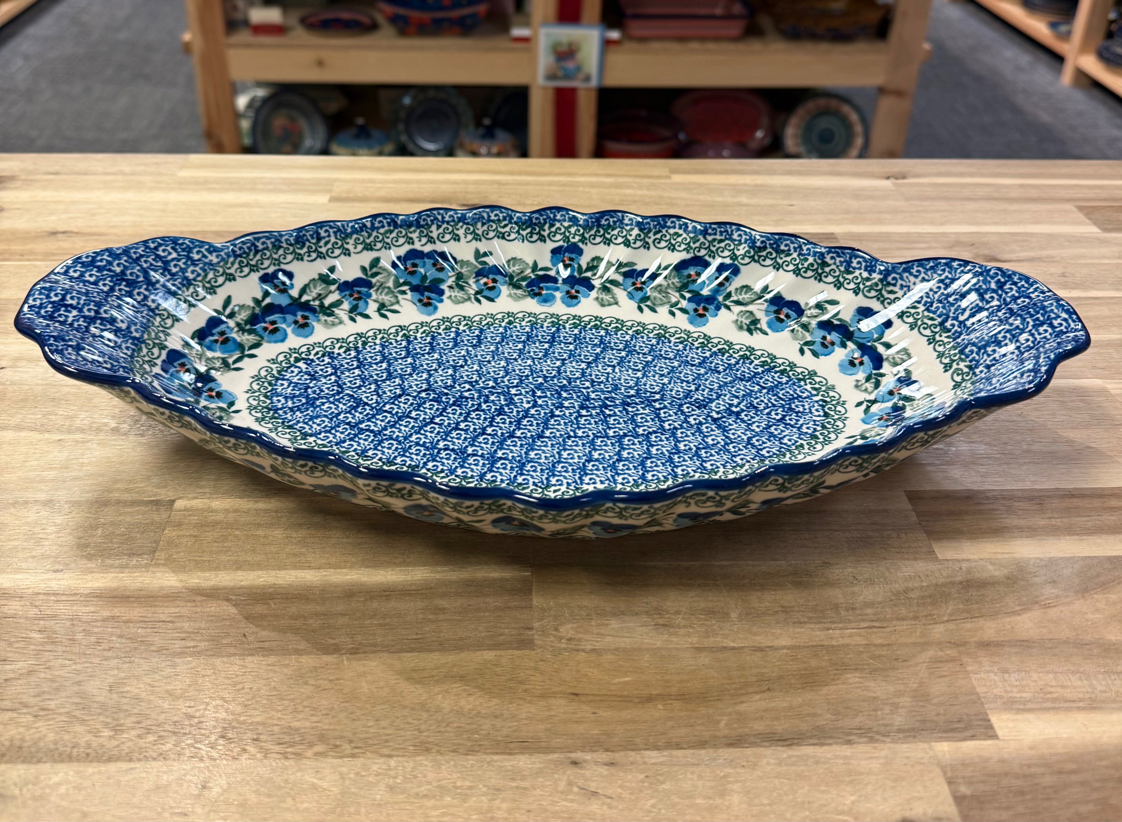 Polish Pottery Sculpted Serving Dish - Traditional Blue Pansy
