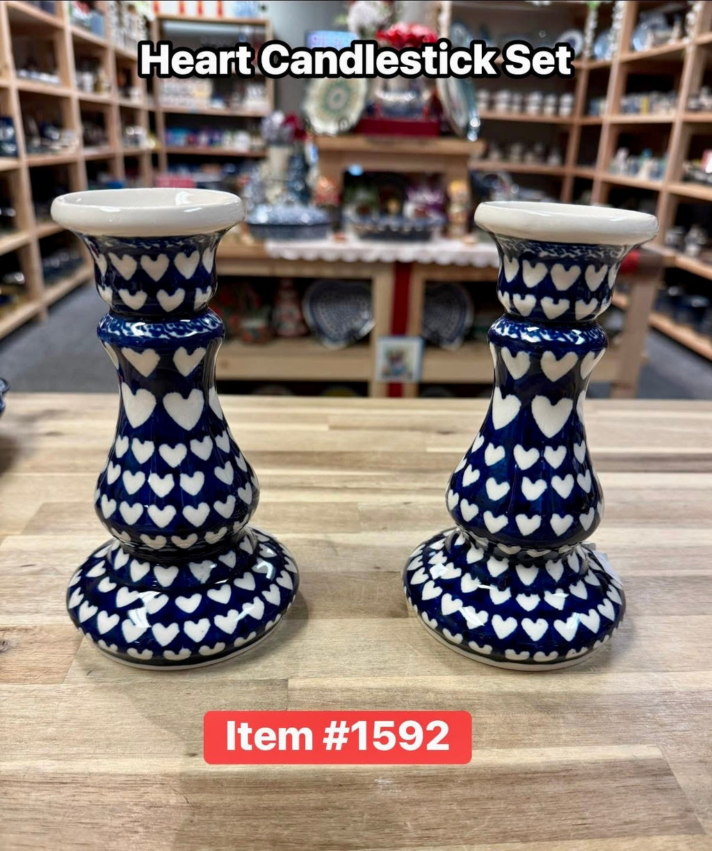 Polish Pottery Traditional Hearts Candlesticks