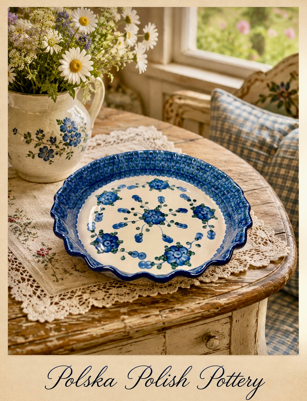 Polish Pottery Pie Plate - Traditional Blueberry Flower