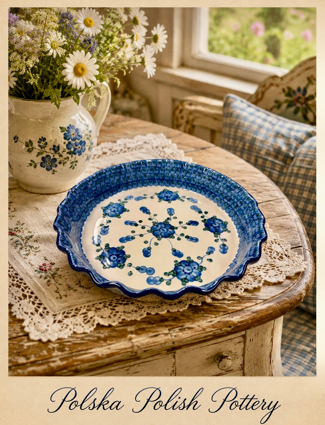 Polish Pottery Pie Plate - Traditional Blueberry Flower