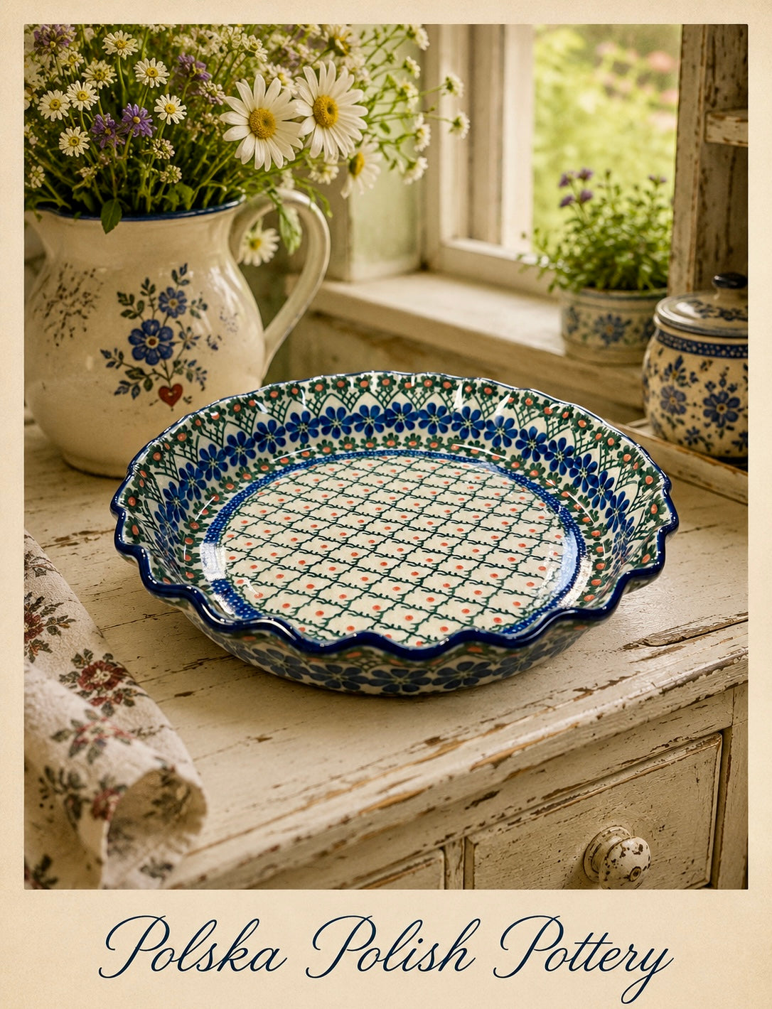 Polish Pottery Pie Plate - Traditional Criss Cross
