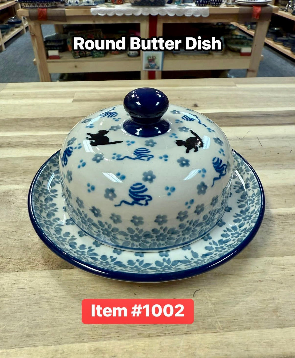 Polish Pottery Traditional Cat Round Butter Dish
