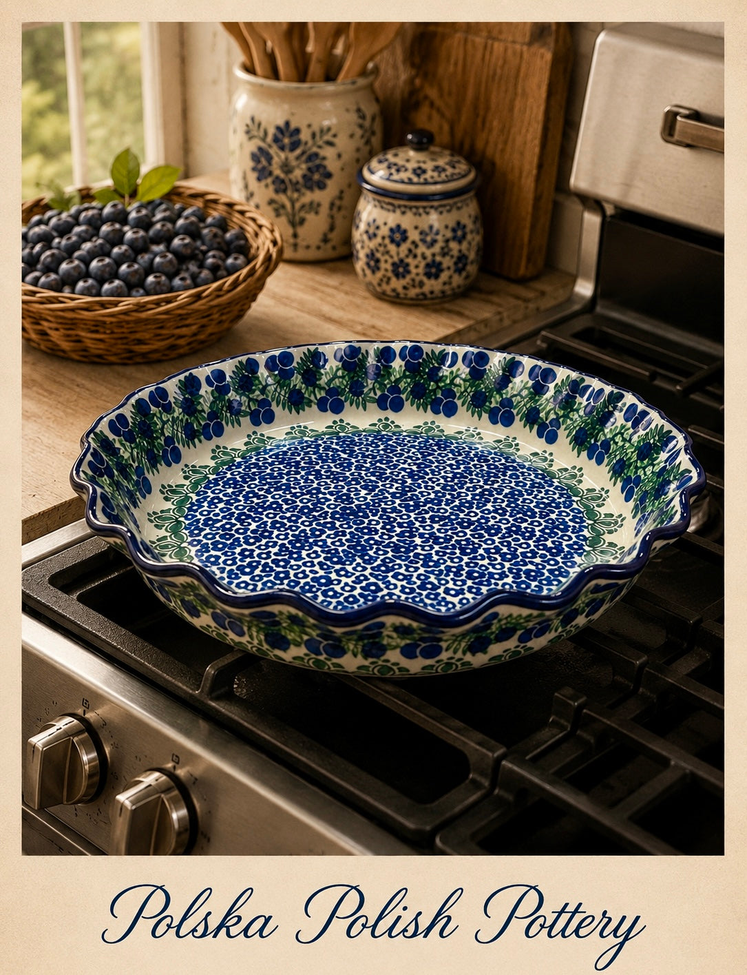 Polish Pottery Pie Plate - Traditional Blueberries