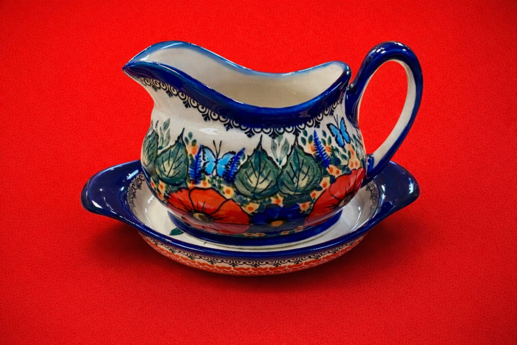 Polish Pottery CerRaf Unikat Gravy Boat( Blue Butterfly)
