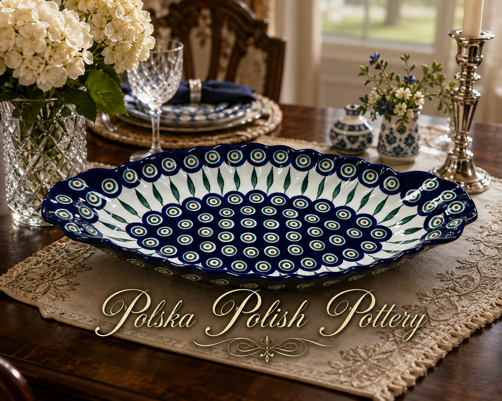 Polish Pottery Sculpted Serving Dish - Traditional Peacock