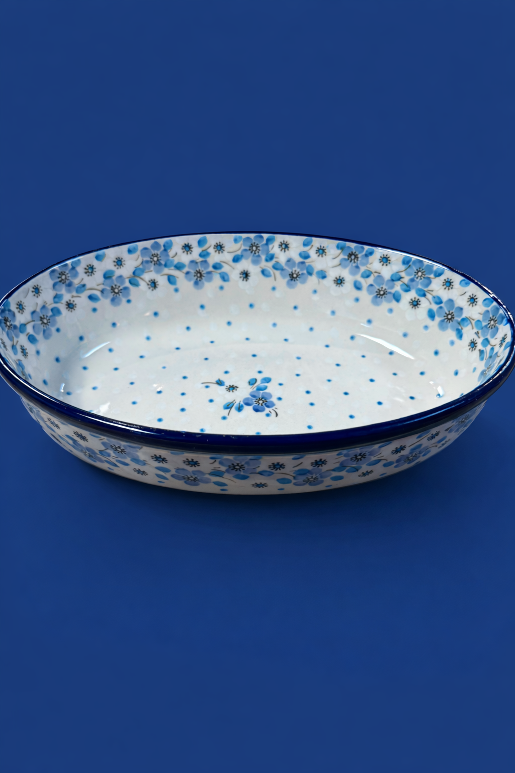 Polish Pottery Traditional(White/Blue Meadow) Oval Baker