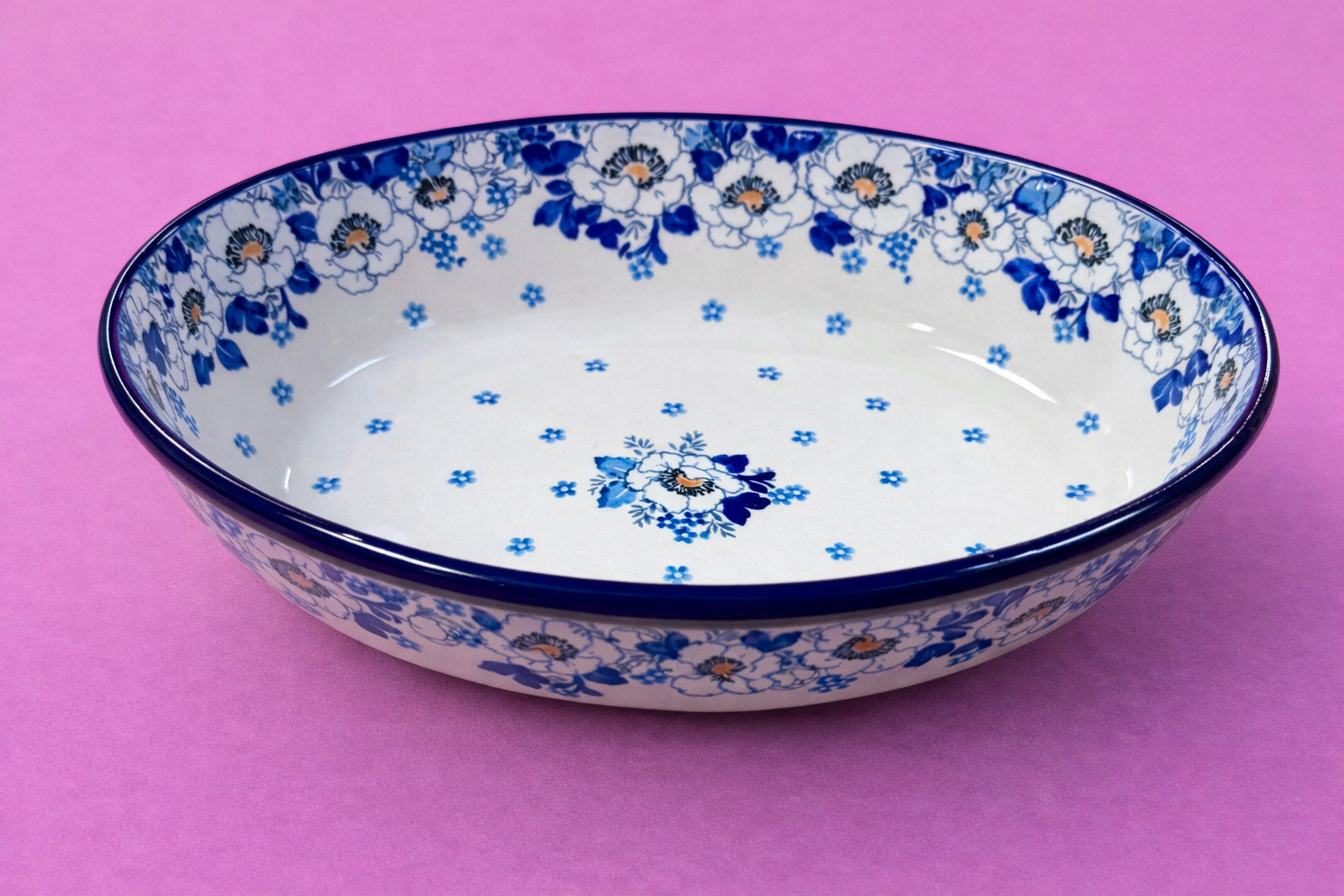 Polish Pottery Traditional(White Flower) Oval Baker