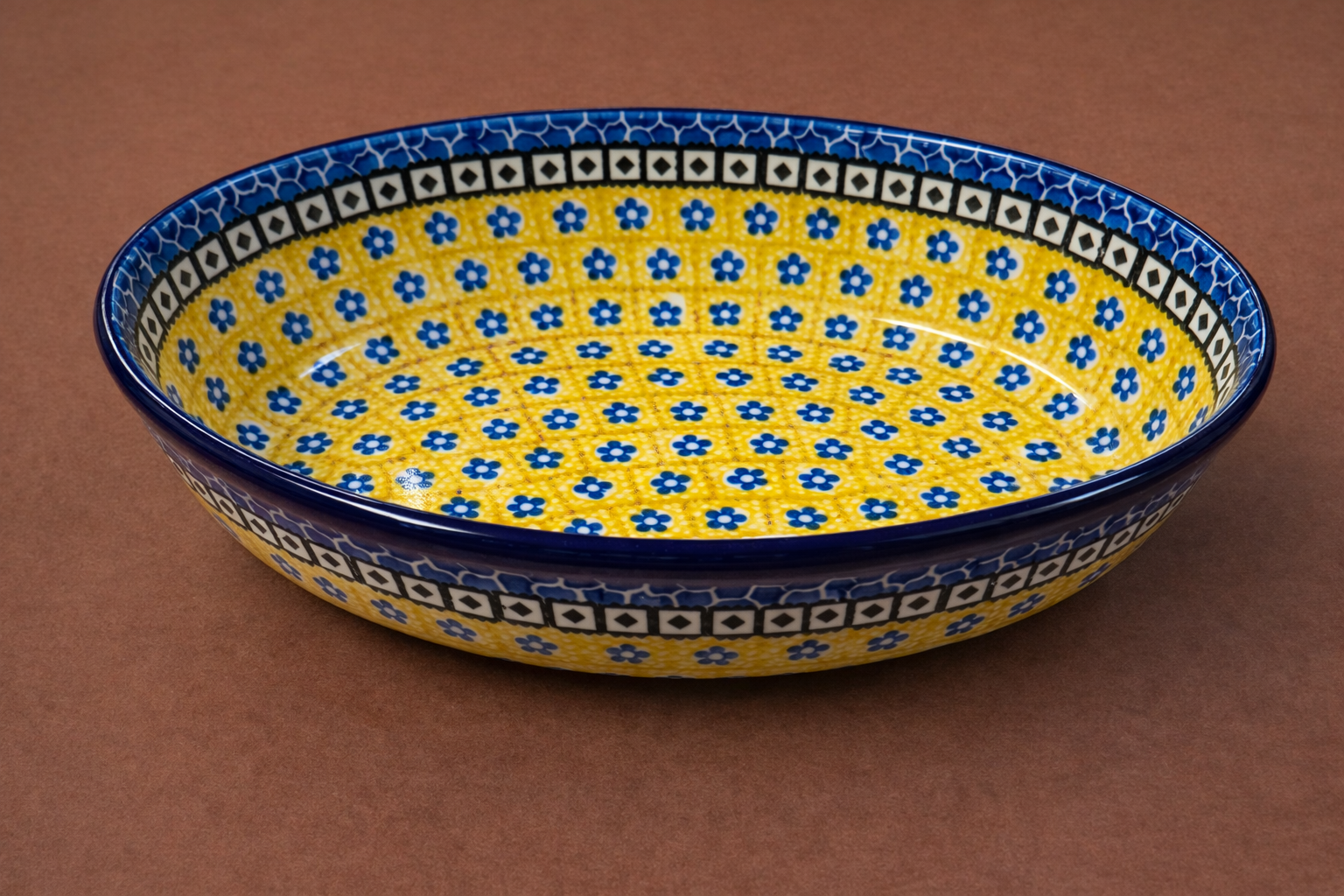 Polish Pottery Oval Baker - Traditional Yellow/Blue