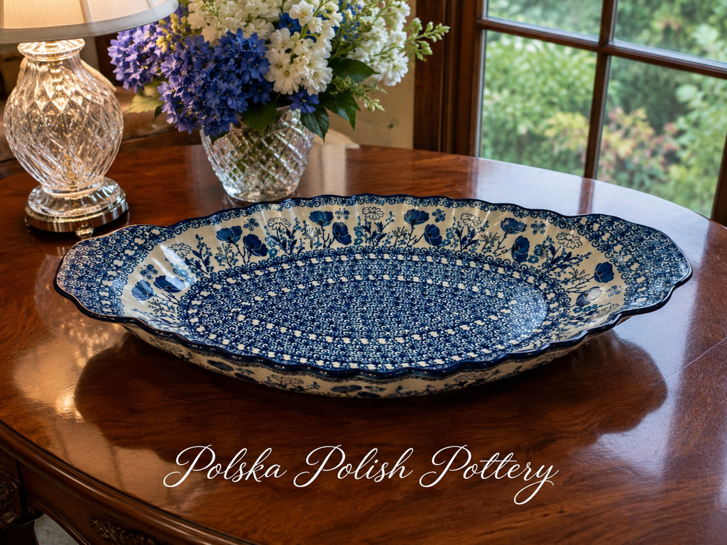 Polish Pottery Sculpted Serving Dish - Traditional Blue Poppy