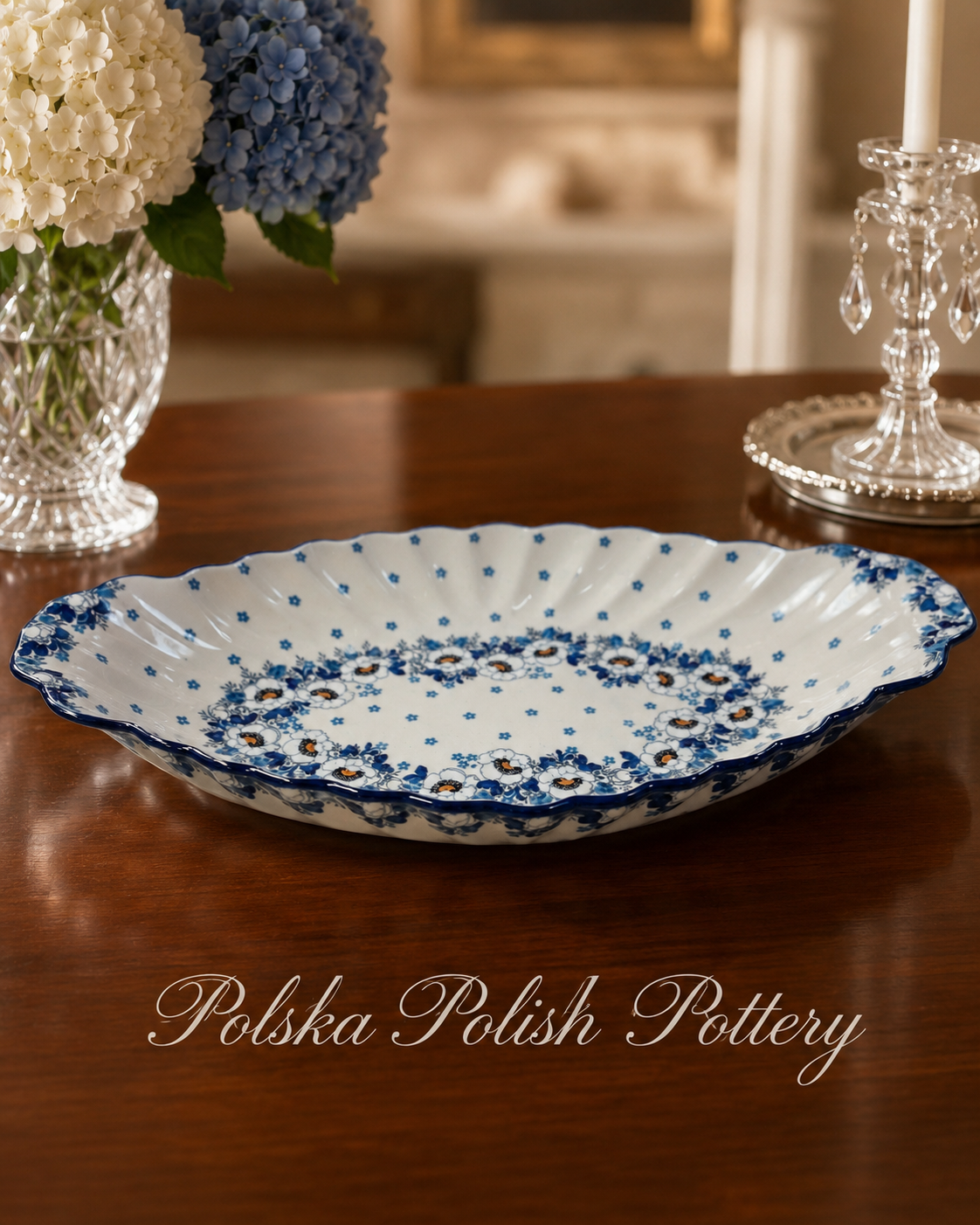 Polish Pottery Sculpted Serving Dish - Traditional White Flower