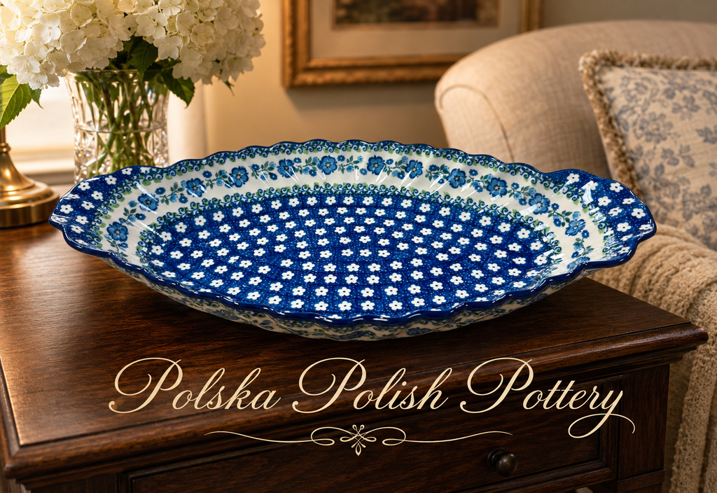 Polish Pottery Sculpted Serving Dish - Traditional Blue Flower Vine