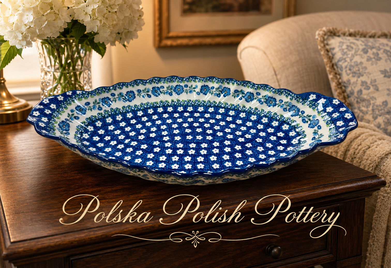 Polish Pottery Sculpted Serving Dish - Traditional Blue Flower Vine