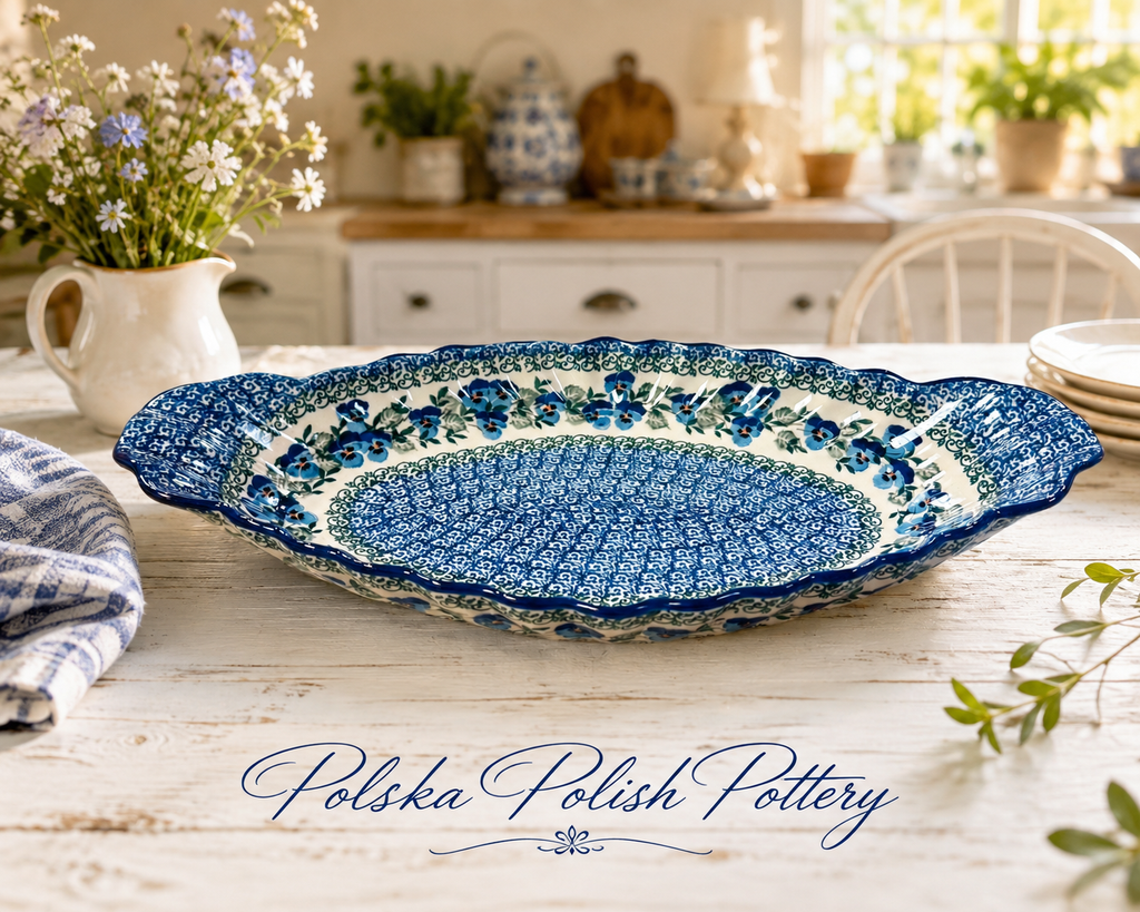 Polish Pottery Sculpted Serving Dish - Traditional Blue Pansy