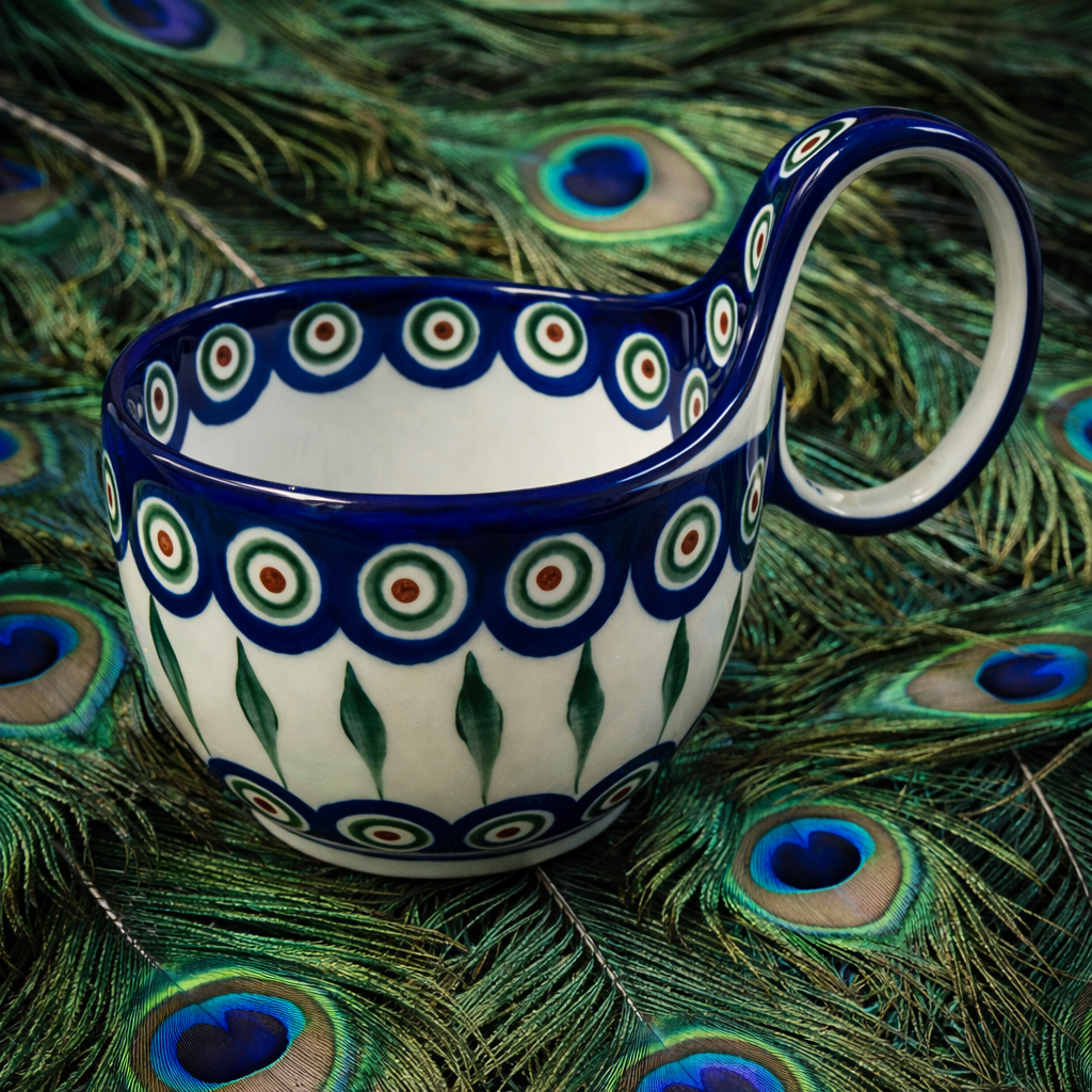 Polish Pottery Traditional Peacock Soup Mug