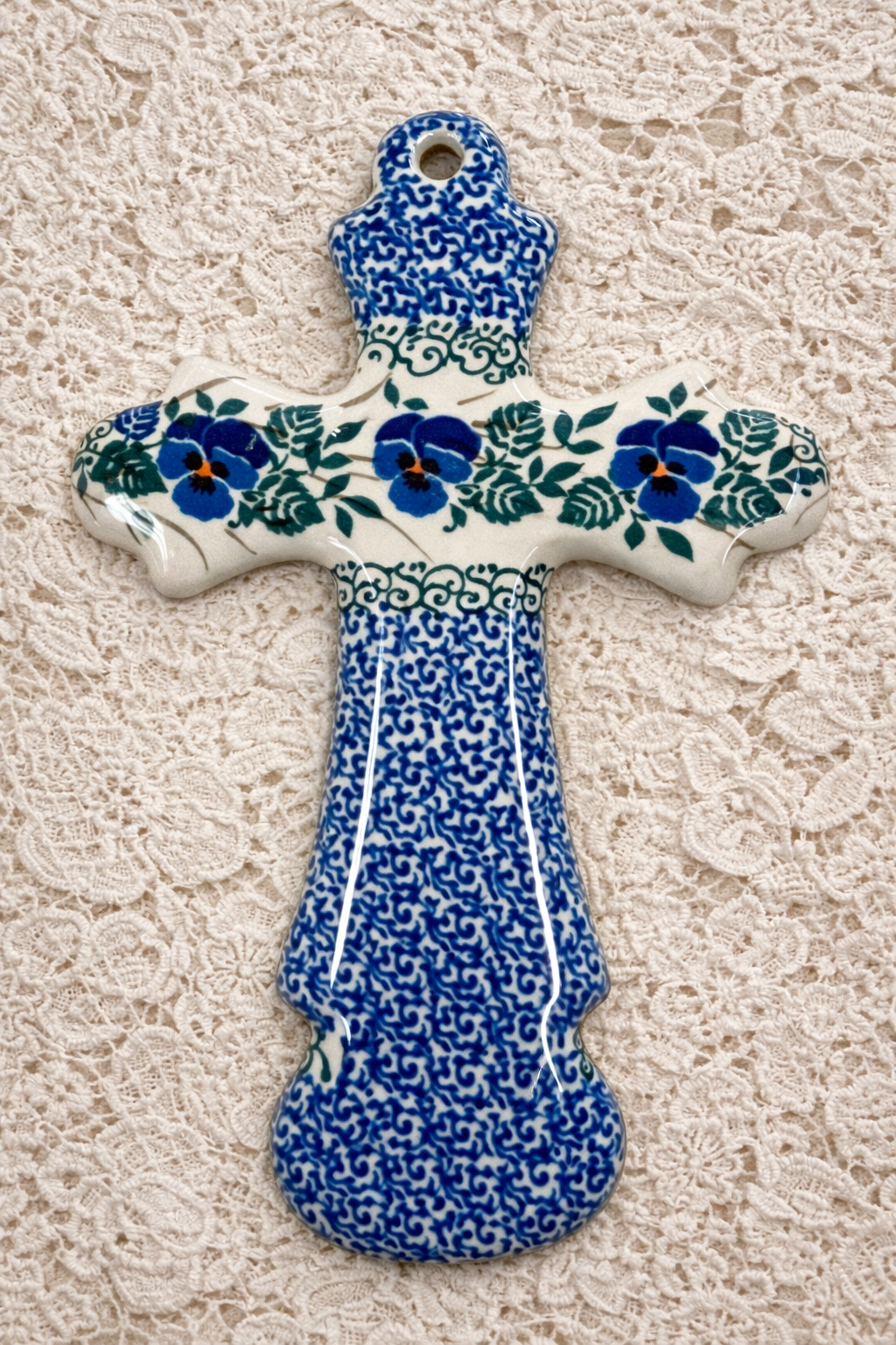 Polish Pottery Traditional(Blue Pansy) Cross