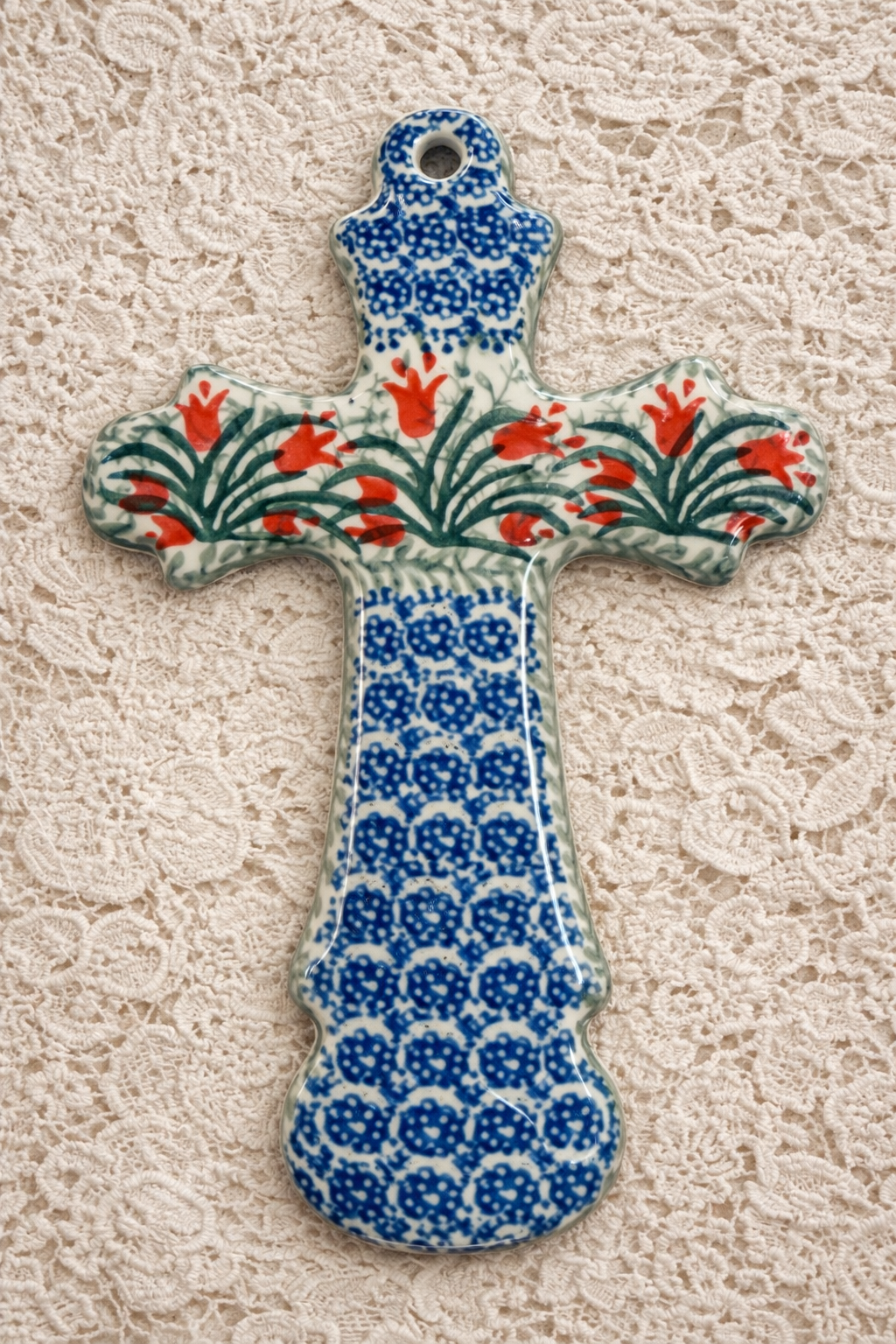 Polish Pottery Tradional(Red Tulips) Cross