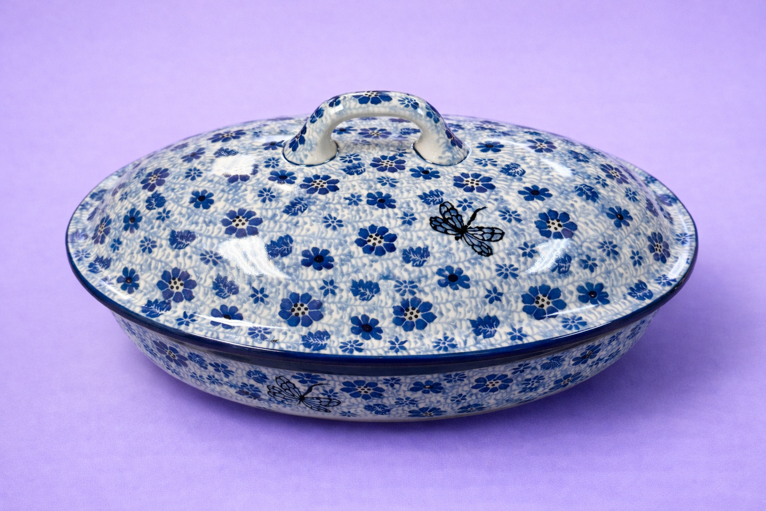 Polish Pottery Traditional(Blue Dragonfly) Lidded Baker