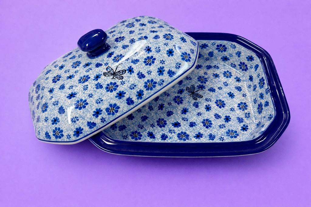 Polish Pottery Traditional(Blue Dragonfly) Rectangle Baker w/ Lid