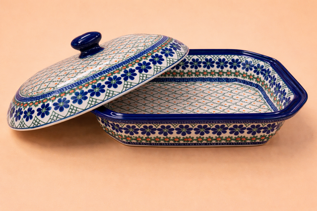 Polish Pottery Traditional(Criss Cross) Rectangle Baker w/Lid
