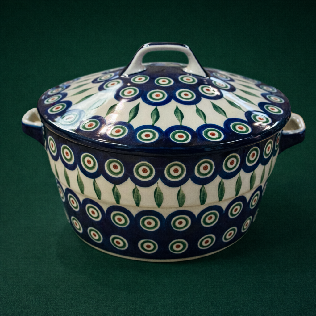 Polish Pottery Traditional(Peacock) Round Baker w/ Lid