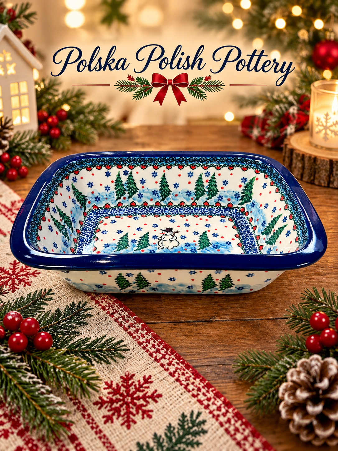 Polish Pottery Rectangle Baker - Unikat 4661 Snowman